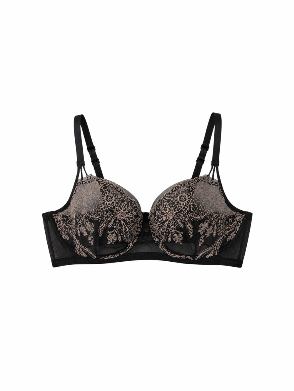 Lily of France Black Sheer Embroidered Underwire Bra Beige Floral Lace Mesh 38D